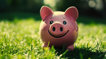 A cheerful pink piggy bank stands on vibrant green grass in a sunny backyard, radiating a playful and inviting atmosphere for saving money and dreams.