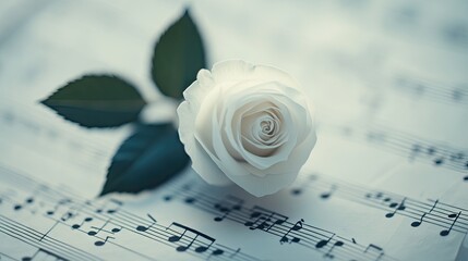 Captivating white rose on delicate sheet music, evoking romance and nostalgia in soft pastel tones