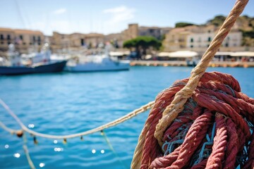 Fototapeta premium Close-up view of a rope wrapped around a boat in calm water
