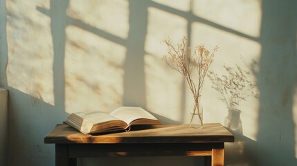 Open book and dried flowers on wooden table in sunlight.