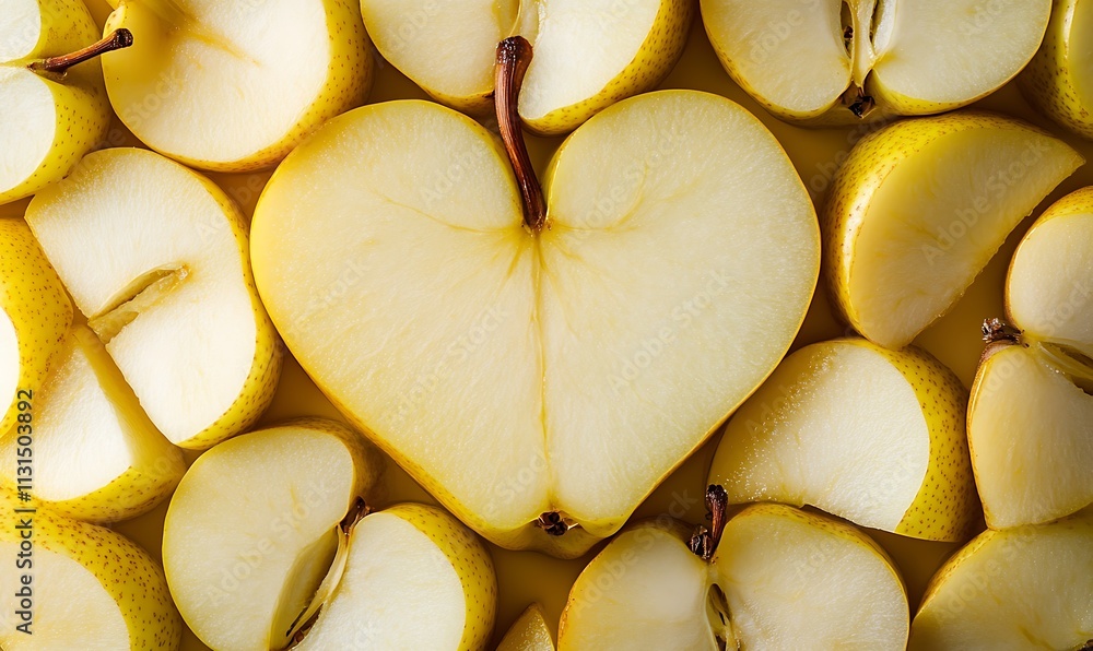 Poster yellow pears sliced into heart shape pattern