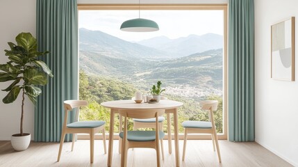 Obraz premium Modern dining room with mountain view and light teal accents