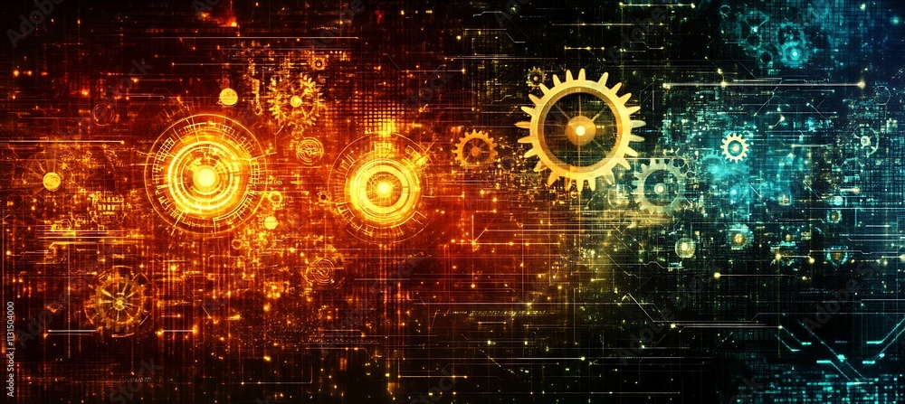 Poster a creative image of a business ecosystem represented by glowing gears and cogs interconnected