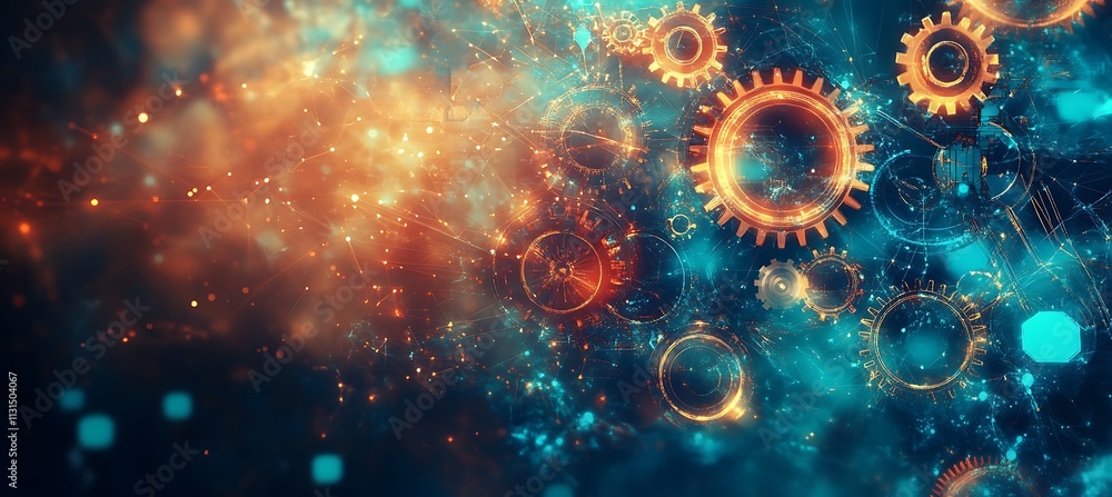 Poster a creative image of a business ecosystem represented by glowing gears and cogs interconnected