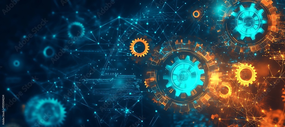 Poster creative image of a business ecosystem represented by glowing gears and cogs interconnected, set aga