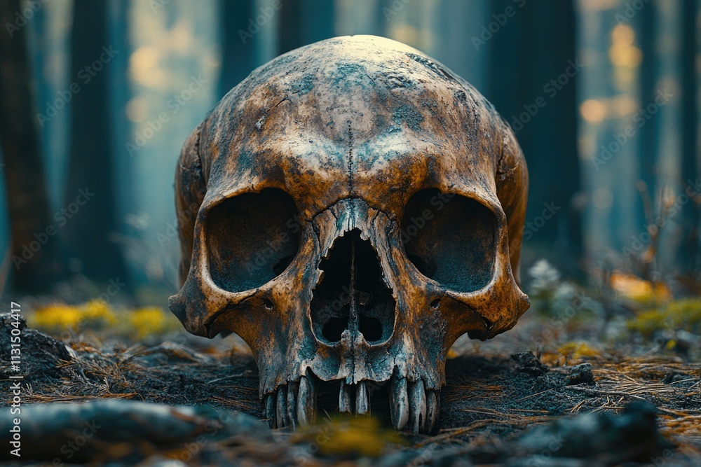 Poster a close-up view of a skull found in a forest environment