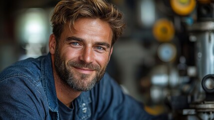 Obraz premium A bearded Caucasian man with a broad smile, dressed in a blue shirt, exudes warmth and approachability in a relaxed work setting.
