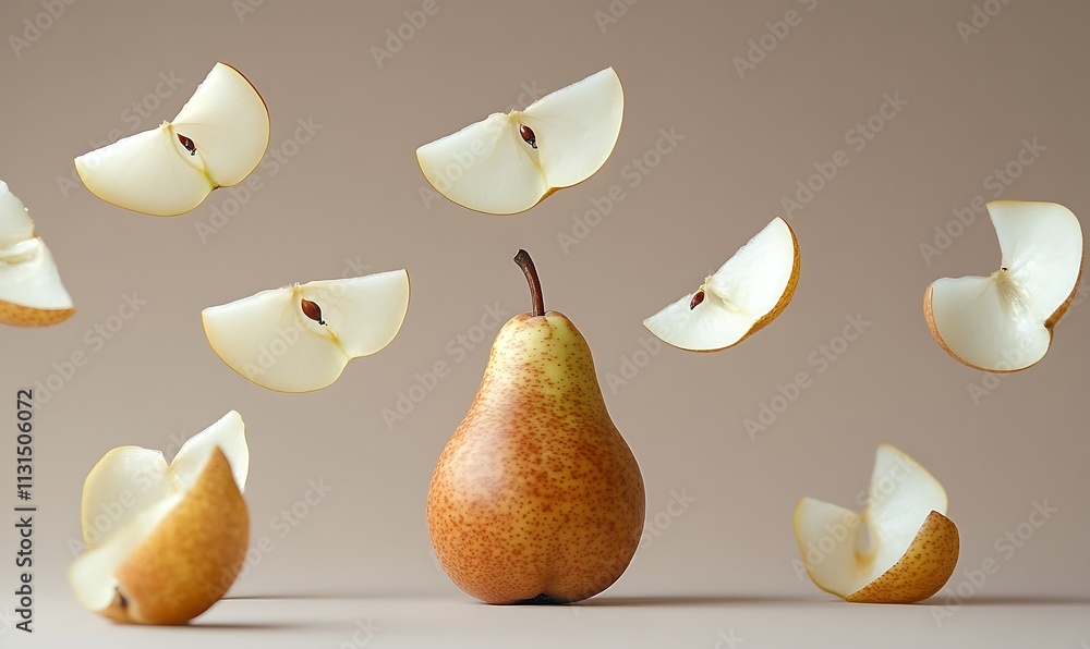 Poster a single pear with levitating slices of pear