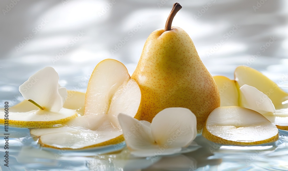 Poster yellow pear slices float calmly in water with flowers