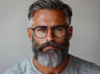 Fototapeta premium A professional hairdresser, looking stylish, cuts himself and looks at the camera as if it were a mirror, expressing various emotions.