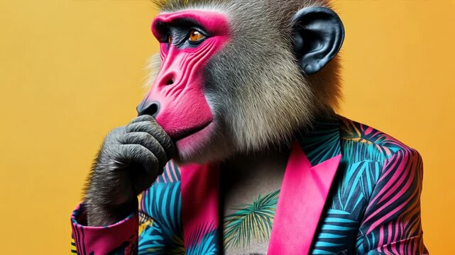 A monkey wearing a floral suit and a pink nose