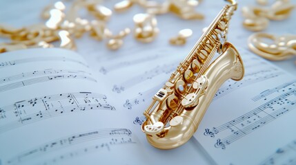 Fototapeta premium Golden saxophone elegantly placed on sheet music, showcasing musical harmony and artistic detail