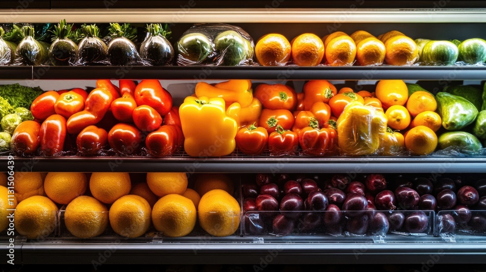 Poster colorful array of fresh fruits and veggies in a display case