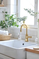 Fototapeta premium Gold faucet in a bright modern bathroom sink