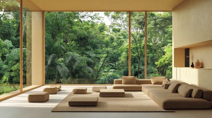 Fototapeta premium Modern minimalist living room overlooking lush green forest