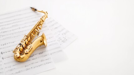 Fototapeta premium Golden saxophone resting elegantly on a sheet of music with soft shadows and a clean background, capturing the essence of musical artistry