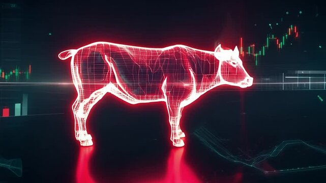 Cow is shown in a red and black color scheme. The cow is standing in front of a black background