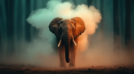 A majestic elephant walks through vibrant, colorful smoke in a mystical forest, creating a dreamlike atmosphere highlighting nature's wonder and mystery.