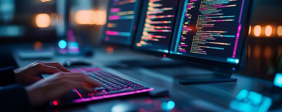 Advanced coding workspace, floating holographic code editors, dynamic tech-focused design