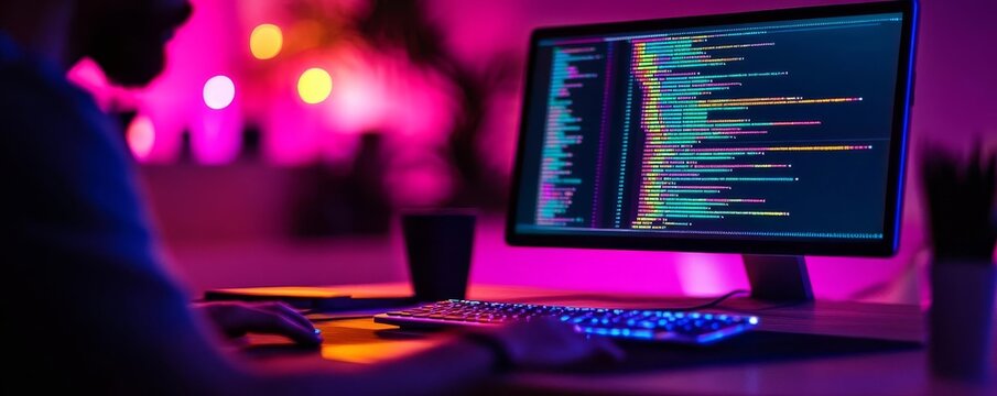 Advanced coding workspace, floating holographic code editors, dynamic tech-focused design