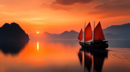 A traditional sailing boat with red sails glides across serene waters at sunset, framed by picturesque mountains in the distance, evoking tranquility and wonder.