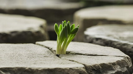 Green sprout growing in stone slab - rebirth, revival, resilience and new life concept
