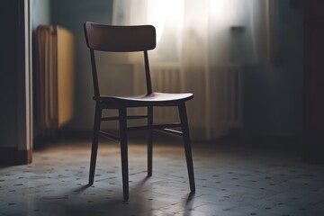 A simple wooden chair sits in front of a window, providing a cozy nook
