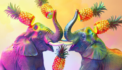 Obraz premium Two Iridescent Elephants and Pineapples