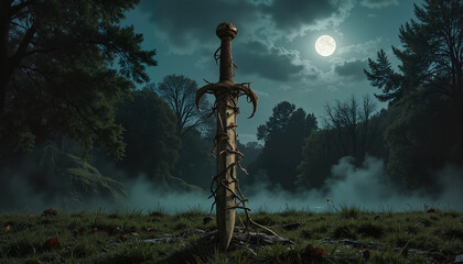 Obraz premium A ceremonial dagger rises prominently amidst a misty landscape, bathed in moonlight, calling forth themes of intuition, astral journeys, and ancient rituals