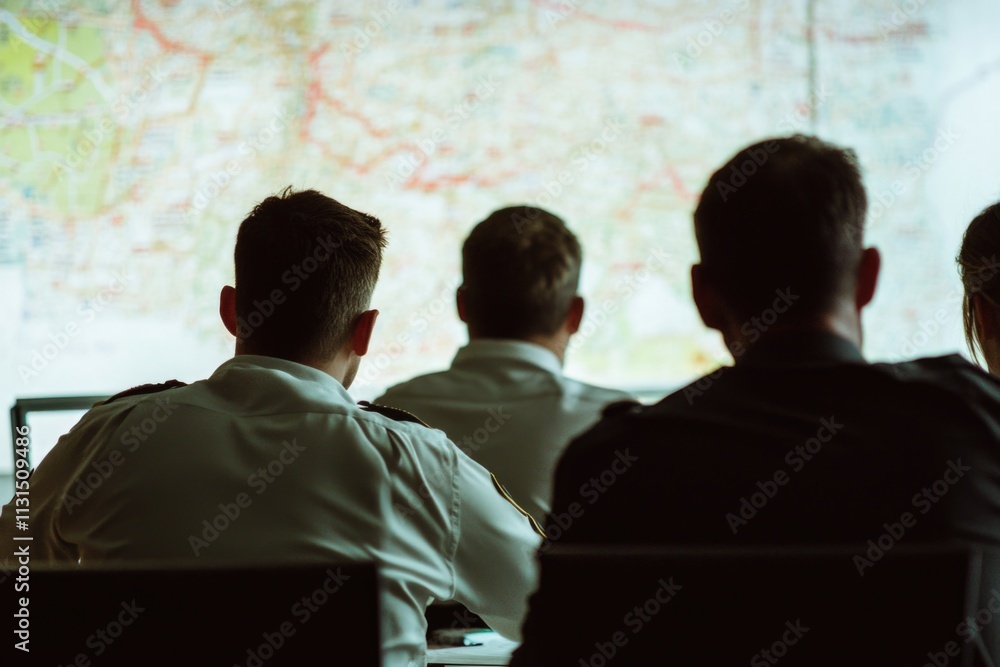 Poster group of people gathered around a screen displaying information or slides