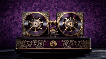 Obraz premium Ornate steampunk-style audio device with rotating discs, gold accents, and purple velvet base against a damask backdrop.