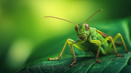 A close-up of a green leaf insect camouflaged on a green leaf with a blurred green background