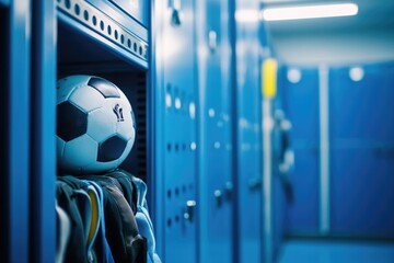 A soccer ball perched on the lid of a blue locker, ready for action
