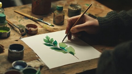 Person painting green leaves with watercolors on wooden table.