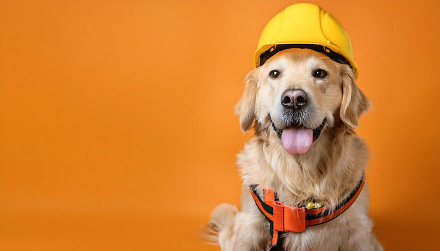 A joyful golden retriever sits proudly, donning a bright yellow hat that enhances its playful spirit. The engaging orange backdrop adds vibrancy to this delightful moment at home