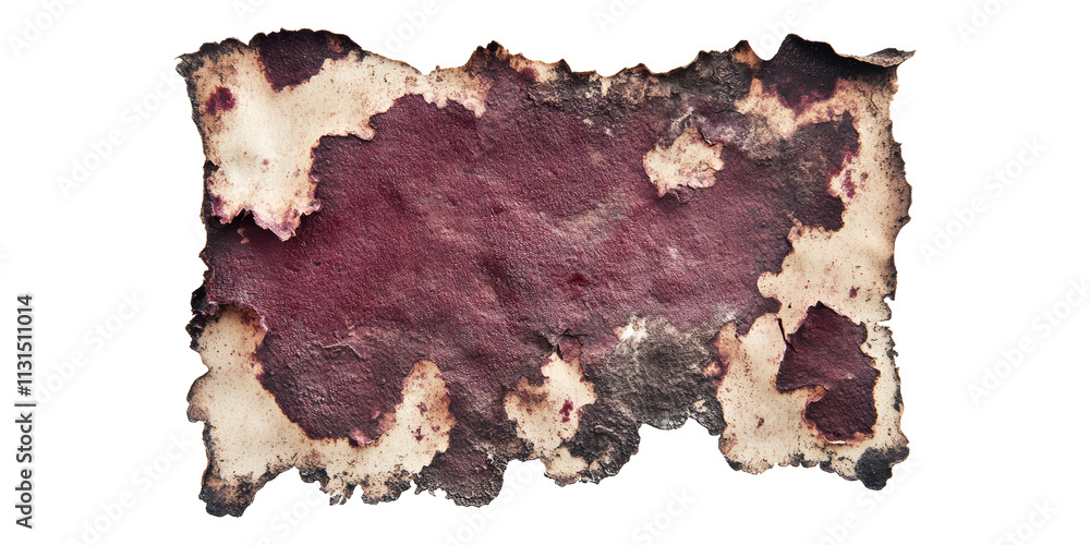 Poster torn vintage paper showing aged texture and dark red marks isolated on transparent background