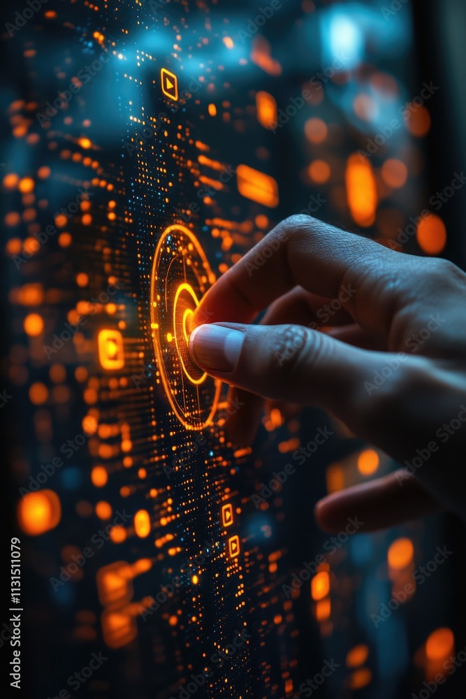 Poster a person using a computer with a button being pressed