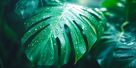 Fototapeta premium Vibrant green leaf glistening with raindrops. This close-up captures the beauty of nature and the freshness of a tropical environment. Perfect for design or nature-related projects. AI