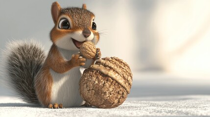 Obraz premium Cute cartoon squirrel happily eating a walnut.