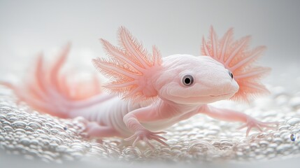 Fototapeta premium A close-up of a pink axolotl underwater, showcasing its delicate gills and smooth skin against a backdrop of bubbles