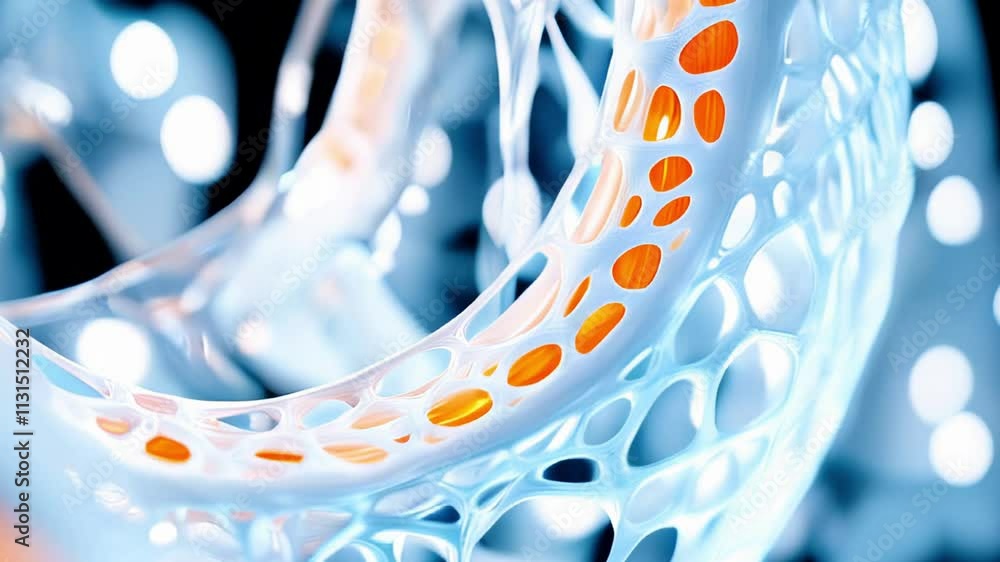 Poster futuristic abstract network with bright orange and blue patterns in close-up view.