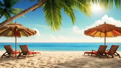 Fototapeta premium Chairs And Umbrella In Tropical Beach - Seascape Banner