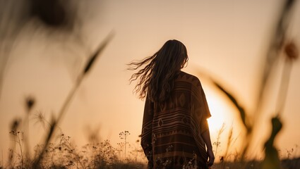 Sylwetka kobiety stojącej na łące podczas złotego zachodu słońca, otoczonej polnymi kwiatami i dmuchawcami kołyszącymi się na wietrze.