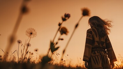 Sylwetka kobiety stojącej na łące podczas złotego zachodu słońca, otoczonej polnymi kwiatami i dmuchawcami kołyszącymi się na wietrze.
