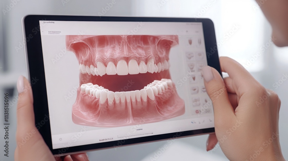 Poster a dental professional examines a detailed 3d model of teeth and gums on a tablet. this technology sh