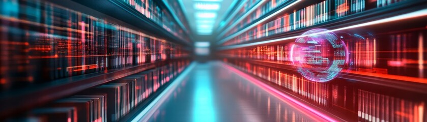 Fototapeta premium Futuristic library study zone, glowing holographic search tools, academic and modern