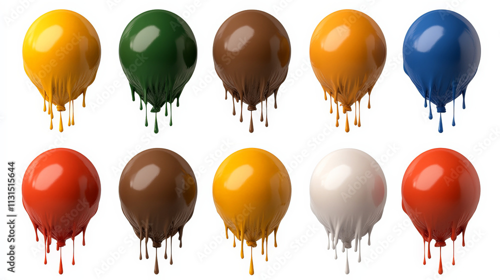 Poster dripping paint spheres: a vibrant collection of 10 glossy spheres in various colors, each with drips