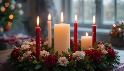 Festive candle arrangement with red and white flowers on a table, creating a warm holiday atmosphere