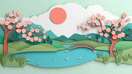 A serene paper-cut-style Japanese garden scene with blooming sakura trees, a vibrant turquoise lake, a red bridge, green hills, and a sunlit sky