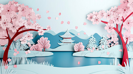 A serene paper-cut-style Japanese garden scene with blooming sakura trees, a vibrant turquoise lake, a red bridge, green hills, and a sunlit sky